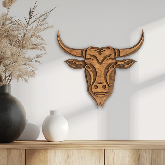 Ozdoby na ścianę Byk drewniany, Boho nowoczesna dekoracja ścienna 3d