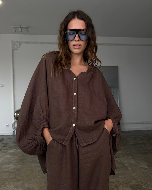 koszule damskie  Koszula lniana baloon choclate