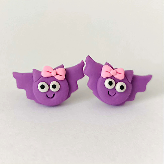 kolczyki z masy plastycznej Fioletowe kolczyki nietoperze kawaii
