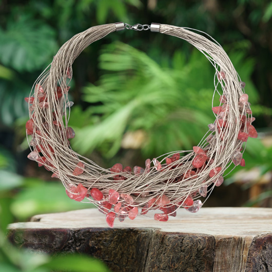 naszyjniki - inne Naszyjnik z lnu z kwarcem arbuzim