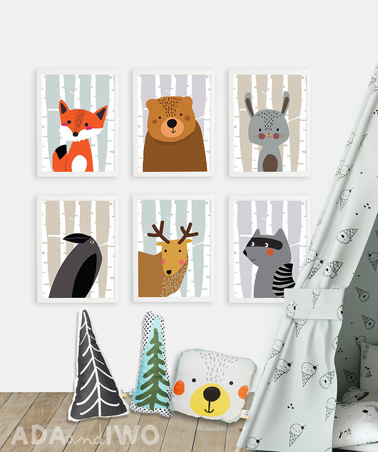 obrazy i plakaty do pokoju dziecięcego 6 grafik, zwierzęta leśne z białymi brzozami