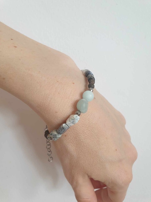 bransoletki z kamieni naturalnych Bransoletka BOHO z opalem dendrytowym, akwamarynem, bronzytem, hematytem