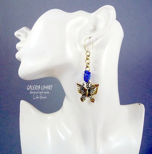 kolczyki z mosiądzu Złoty motyl z kobaltem urocze długie modne kolczyki w stylu boho handmade