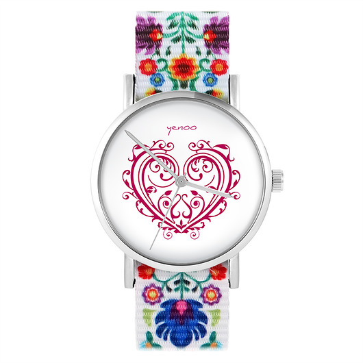 zegarki damskie Zegarek - Serce ornament - folk biały, nato