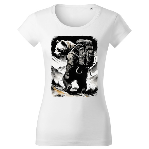 t-shirt damskie Tatra Art i niedźwiedź na górskim szlaku z plecakiem damska v4
