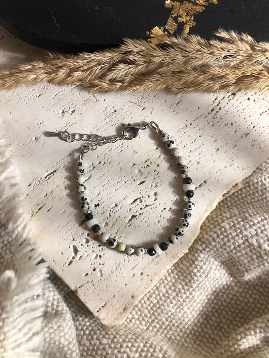 bransoletki z kamieni naturalnych Bransoletka jaspis dalmatyński i obsydian srebrzysty