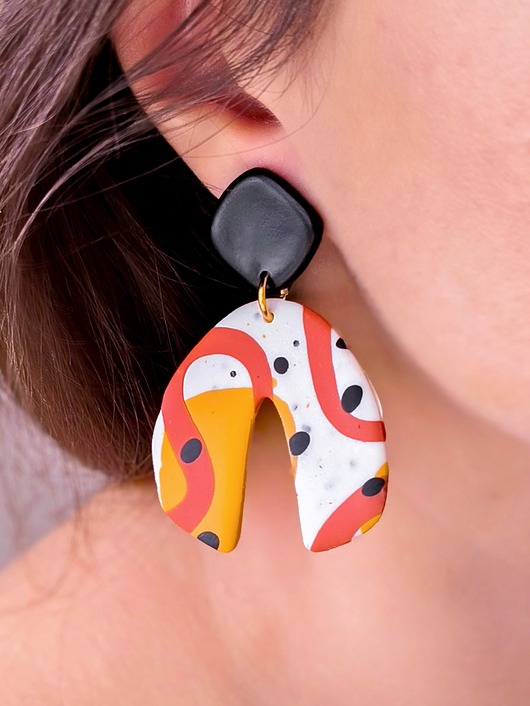 kolczyki z masy plastycznej Kolczyki handmade inspirowane sztuką, rudo musztardowa biżuteria artystyczna