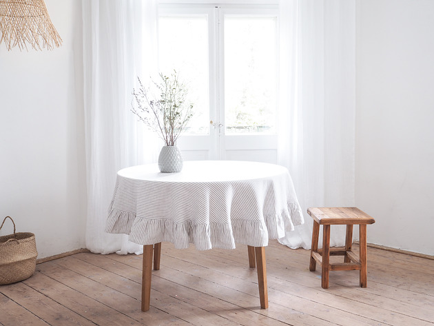 obrusy i serwetki Obrus okrągły z falbanką heavy linen GRAY STRIPES