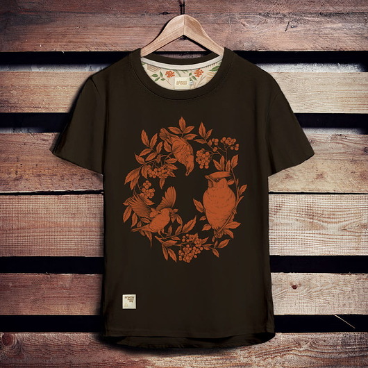 t-shirty męskie Koszulka męska PTAKI/JARZĘBINA brązowa -