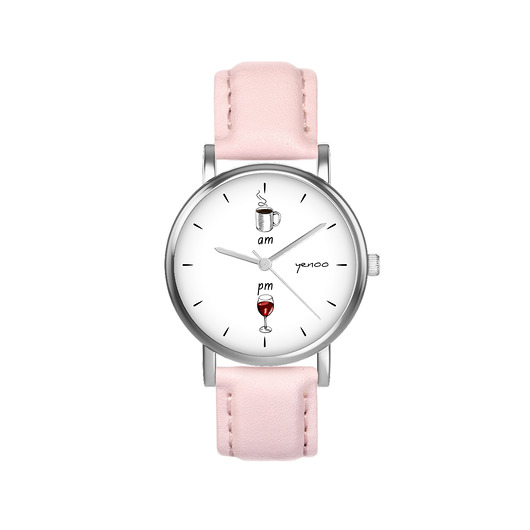zegarki damskie Zegarek  mały - Kawa i wino - skórzany, pudrowy róż