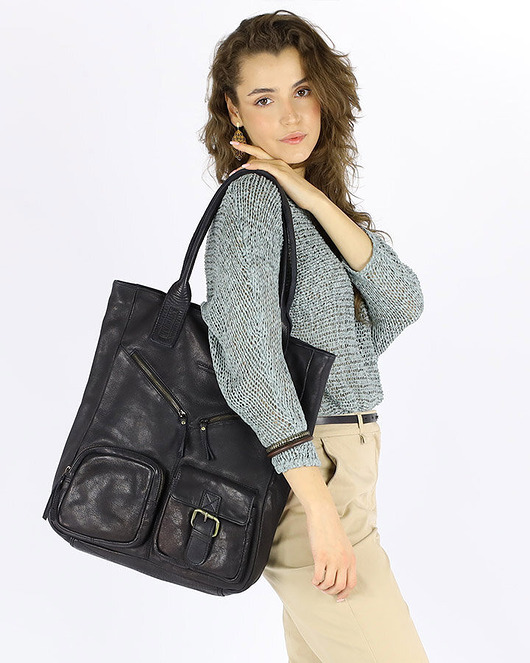 torby na ramię Duża torba shopper z przegródkami skóra naturalna - czarny