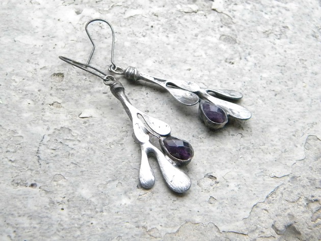 kolczyki wire wrapping Ametysty -  gałązki  -długie  kolczyki