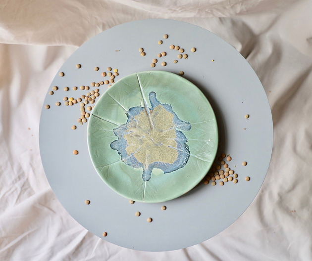 patery i talerze Bajeczna laguna - artystyczny talerz ceramiczny z odbitymi liśćmi