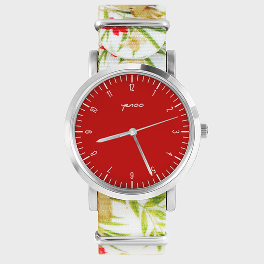 Zegarek - Elegance red - kwiaty, nato, biały yenoo