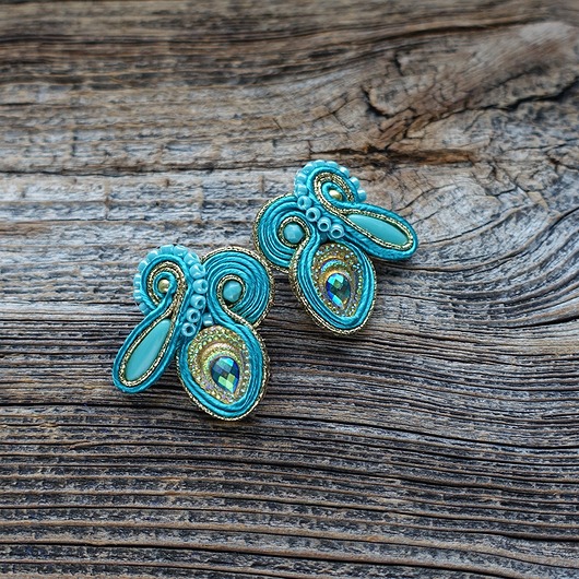kolczyki soutache Turkusowo złote kolczyki sutasz