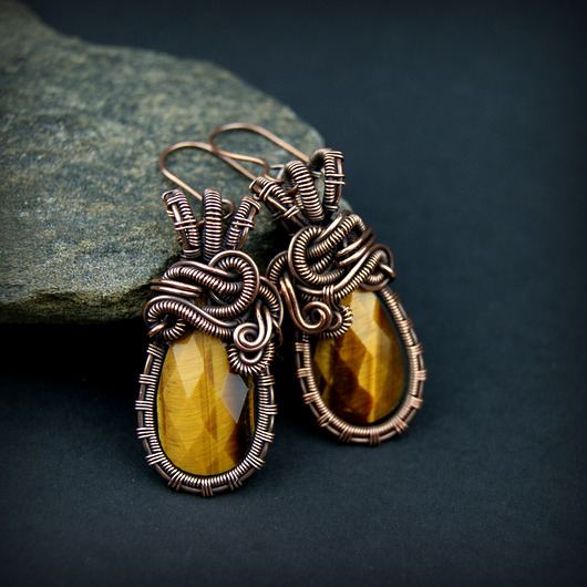 kolczyki wire wrapping Kolczyki z tygrysim okiem