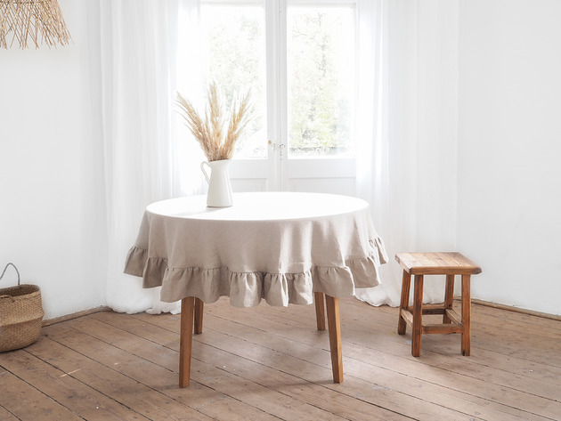 obrusy i serwetki Obrus okrągły z falbanką heavy linen NATURAL