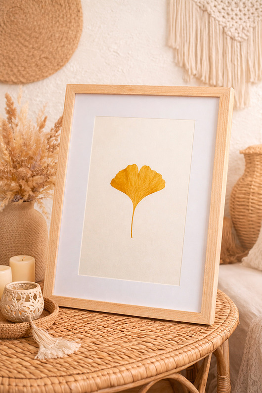 Ozdoby na ścianę Dekoracja Botaniczna. Złoty Liść Miłorząb 30x40cm. Naturalny Dekor Ścienny