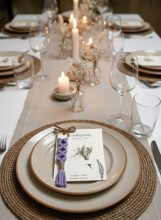 zaproszenia i kartki na ślub Podziękowania dla gości weselnych boho, breoloczek makrama