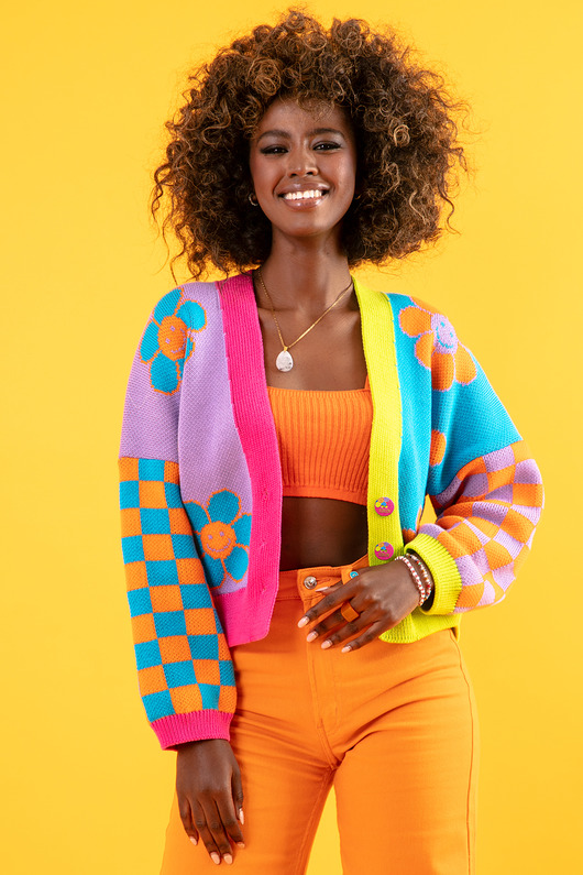 kardigany damskie KARDIGAN W KWIATY - SWETER ZAPINANY KRÓTKI BAWEŁNIANY F1445 NIEBIESKI