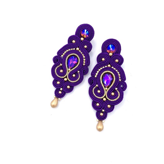 kolczyki soutache Kolczyki sutasz fioletowe ze złotem Olia wieczorowe z kryształkami