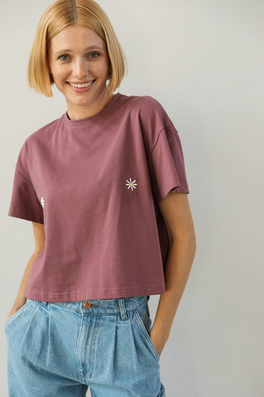 t-shirt damskie T-shirt Crop-Voila Rose Brown Białe Stokrotki