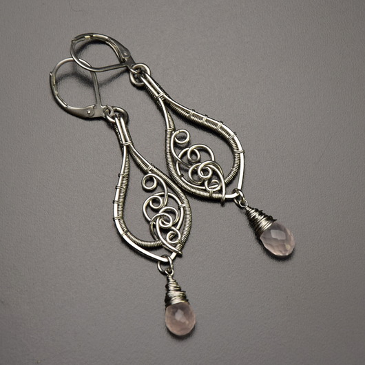 kolczyki wire wrapping Długie kolczyki kwarc różowy wire wrapping