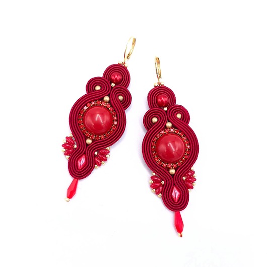 kolczyki soutache Orina złoto czerwone wiszące wieczorowe kolczyki sutasz
