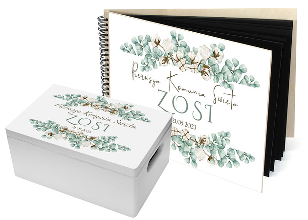 komunia - pozostałe ZESTAW KOMUNIJNY drewniane pudełko i album personalizowana