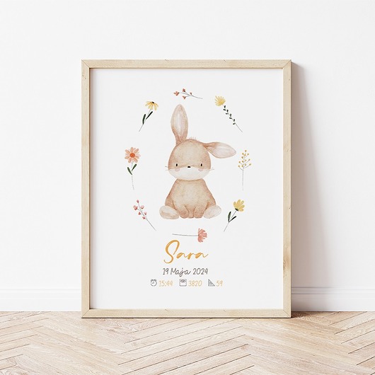 obrazy i plakaty do pokoju dziecięcego Plakat metryczka z pszczółką i kwiatami, obrazek z imieniem dziecka