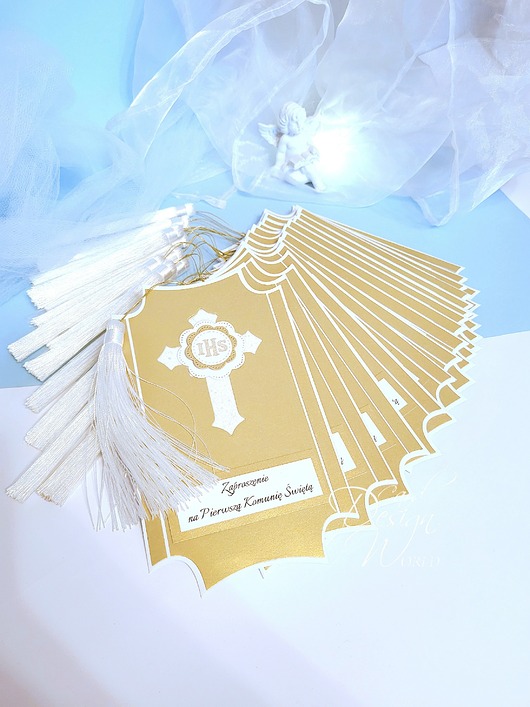 zaproszenia na komunię Kartka  komunia, kolekcja  liturgiczna z chwostami, personalizacja