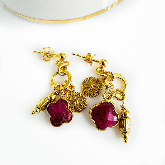 kolczyki z kamieniami Kolczyki boho, czerwony rubin złoto