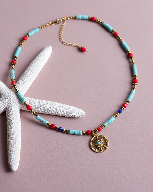chokery Kolorowy naszyjnik boho z magnezytem, koralem i słońcem