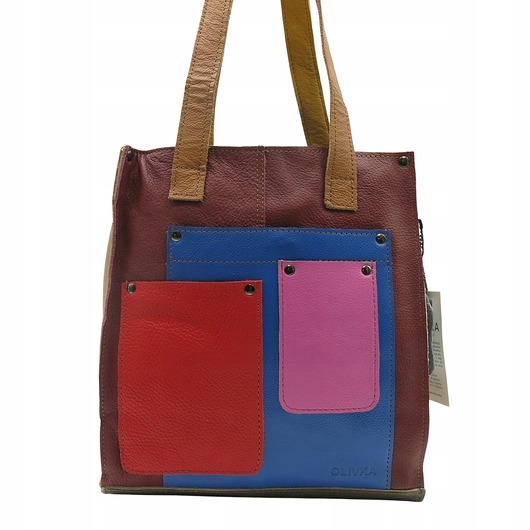 torby na ramię Torebka damska shopper, pojemna, skórzana ze skrawków kolorowa OLIVKA