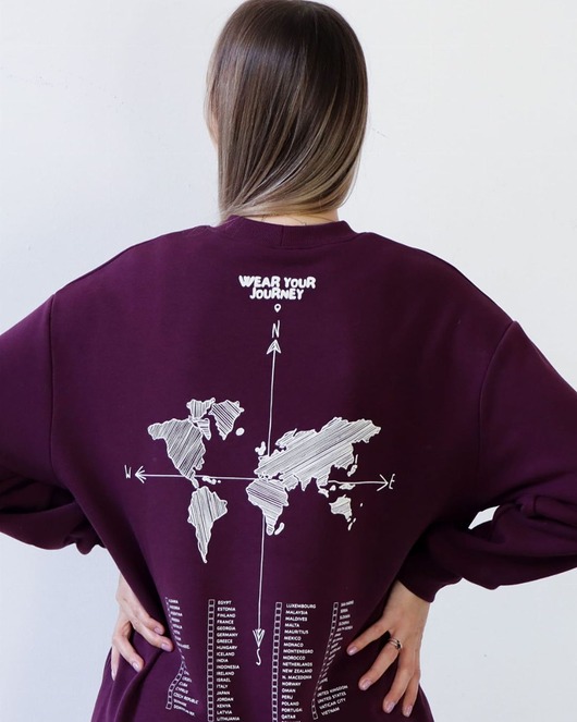 bluza bez kaptura damska Zaznacz odwiedzone państwa - bakłażanowa bluza dla podróżnika bez kaptura