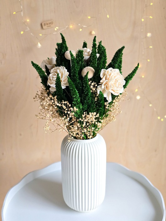 dodatki - różne Zielono-kremowy bukiet do wazonu - Dekoracja stołu na Komunię