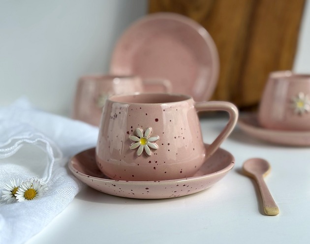 filiżanki Filiżanka ze spodkiem beczułka ręcznie robiona 250 ml - Stokrotka różowa