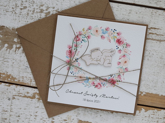 kartki, zaproszenia na chrzest Ręcznie robiona kartka na chrzest dla dziewczynki z aniołkiem w wianku ecru