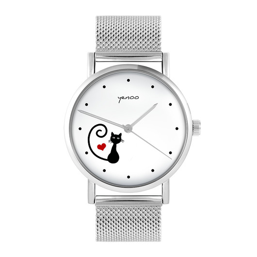 zegarki damskie Zegarek - Kotek, serce - bransoleta mesh