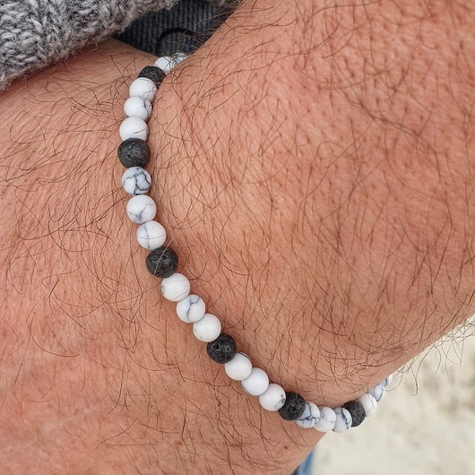 biżuteria męska Męska bransoletka z kamieniami Lawa wulkaniczna i howlit biały- 4mm