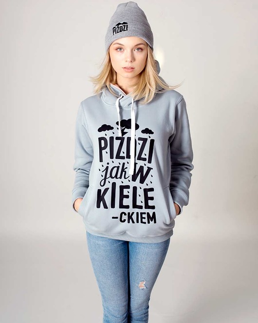 Szara bluza z kapturem Piździ jak w Kieleckiem ŁAP NAS