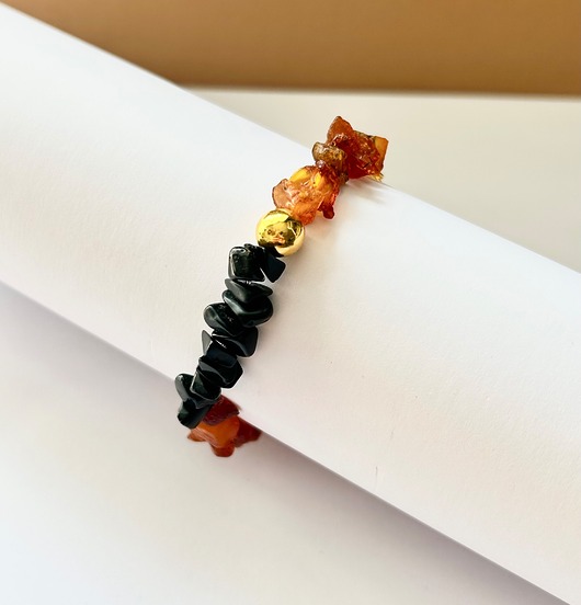 bransoletki - inne Bransoletka z bursztynem i kamieniami Amber Noir Agrafka Studio