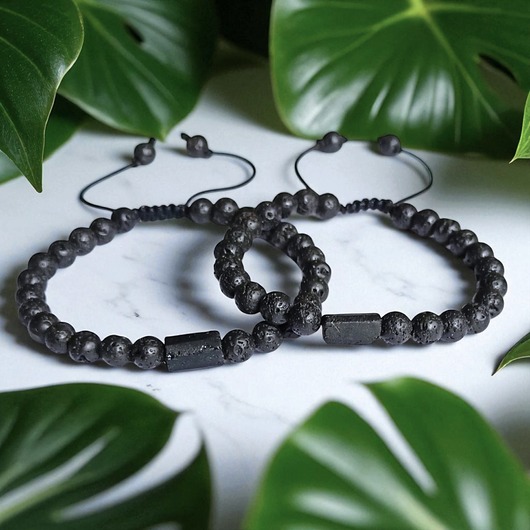 bransoletki z kamieni naturalnych KOMPLET dla PARY - czarny turmalin - na sznurku