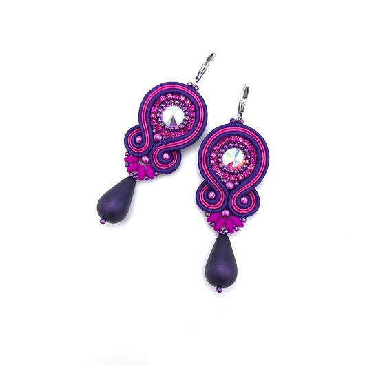 kolczyki soutache Kolczyki sutasz fioletowo różowe kolorowe z dużą łezką Cleo