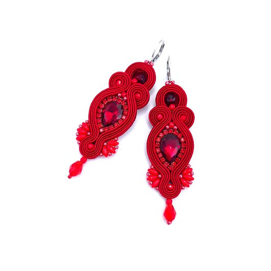 kolczyki soutache Orina kolczyki sutasz czerwone długie wieczorowe z kryształami