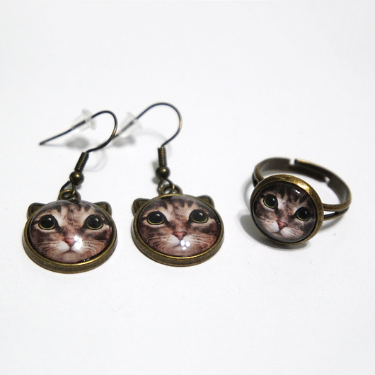 kolczyki szklane Zestaw Kot tygrysek - kolczyki i pierścionek