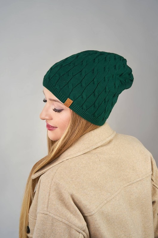 czapki damskie Modna ciepła czapka damska butelkowa zieleń zimowa pleciona