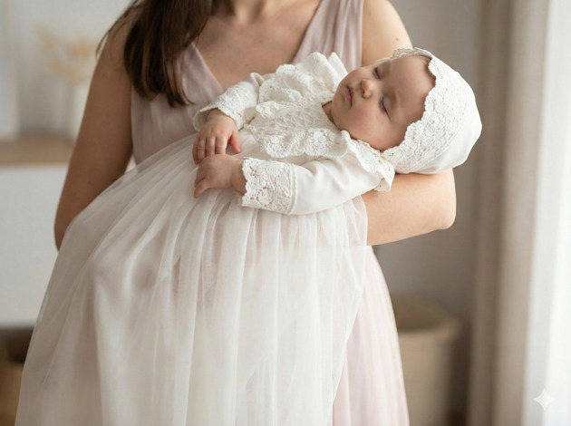 szatki, ubranie na chrzest Zestaw Sukienka i bonetka do chrztu Sylvia - długa tiulowa