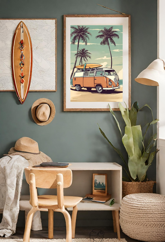 obrazy i plakaty do pokoju dziecięcego PLAKAT boho camper van, surferski, vintage ilustracja, travel poster