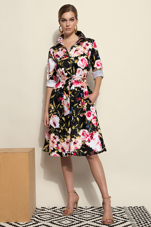 sukienki midi damskie Szmizjerka czarna w kwiaty